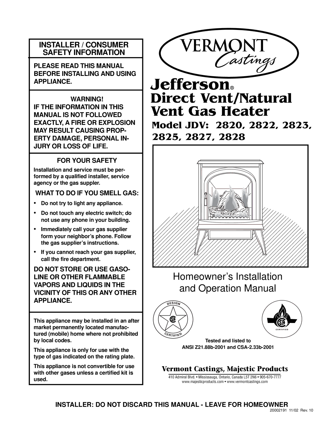 Vermont Casting 2828, 820, 2823, 2825, 2827, 2822 operation manual Jefferson 