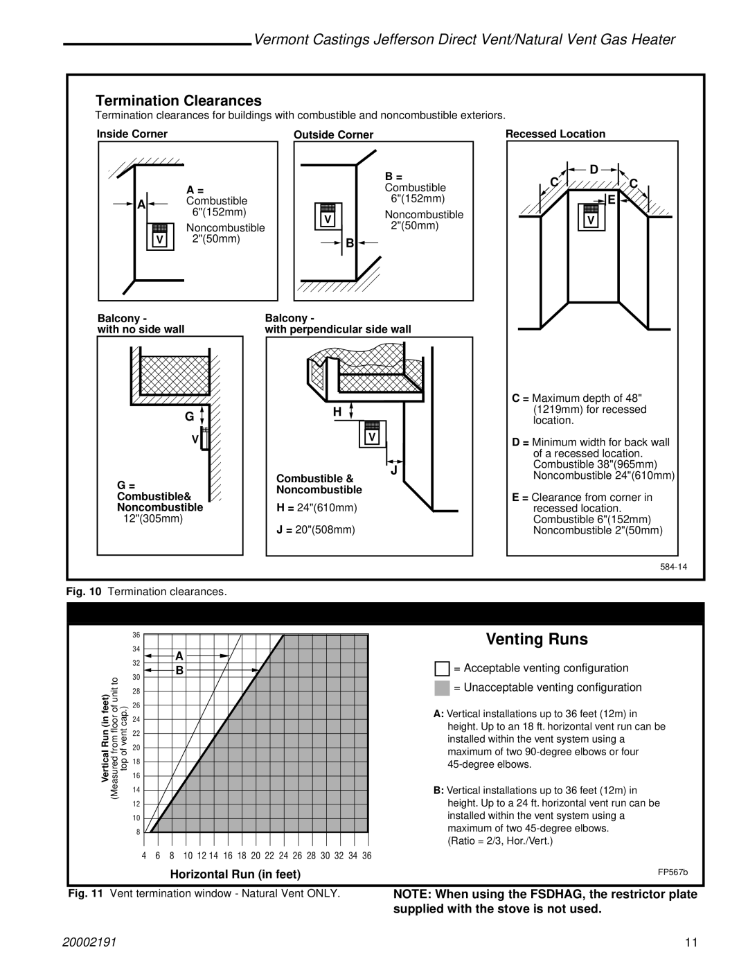 Vermont Casting 2822 Venting Requirements Natural Vent Only, Horizontal Run in feet, Supplied with the stove is not used 