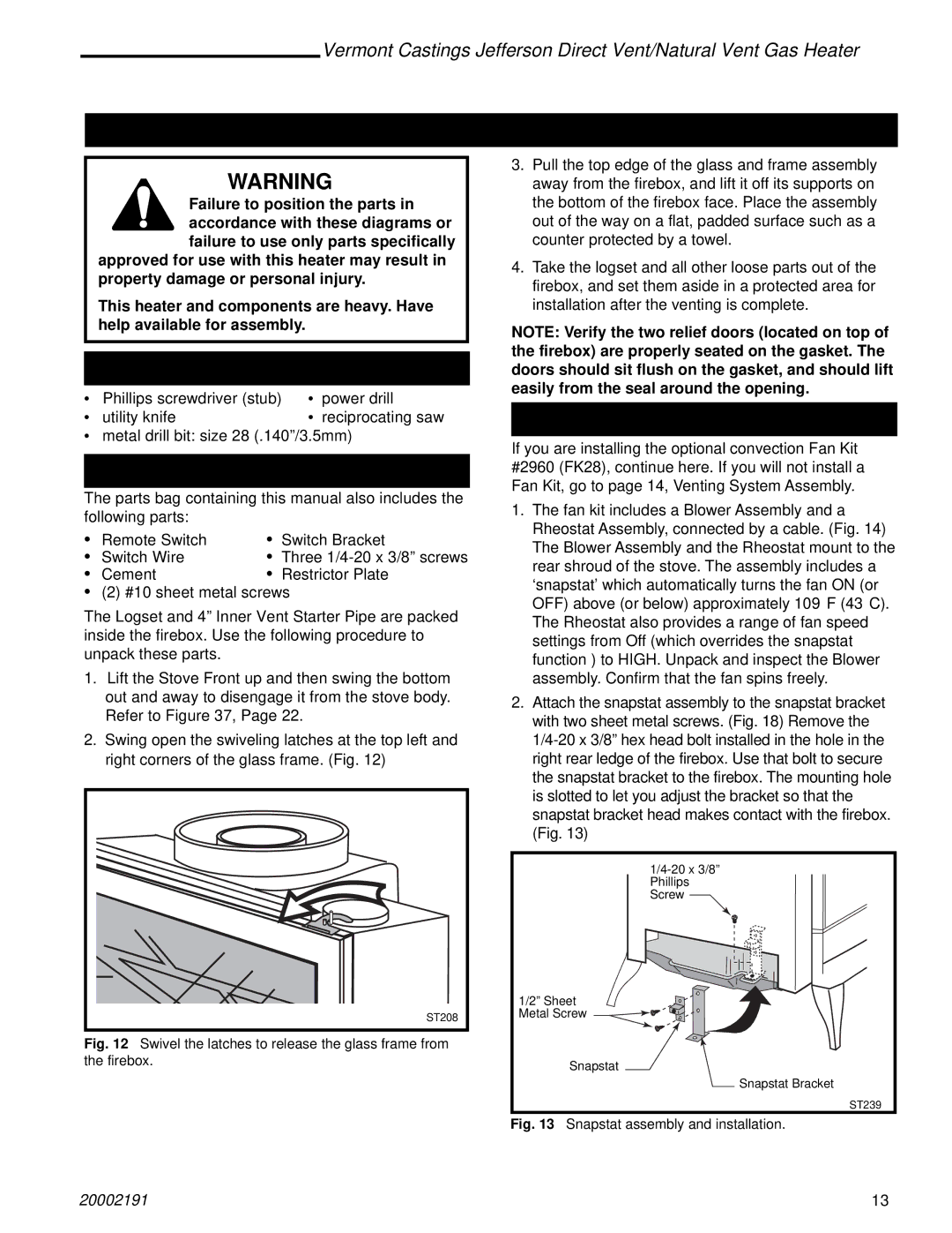 Vermont Casting 2828, 820, 2823, 2825, 2827 Assembly Procedures, Tools Required, Unpack the Stove, Install the Optional Fan 