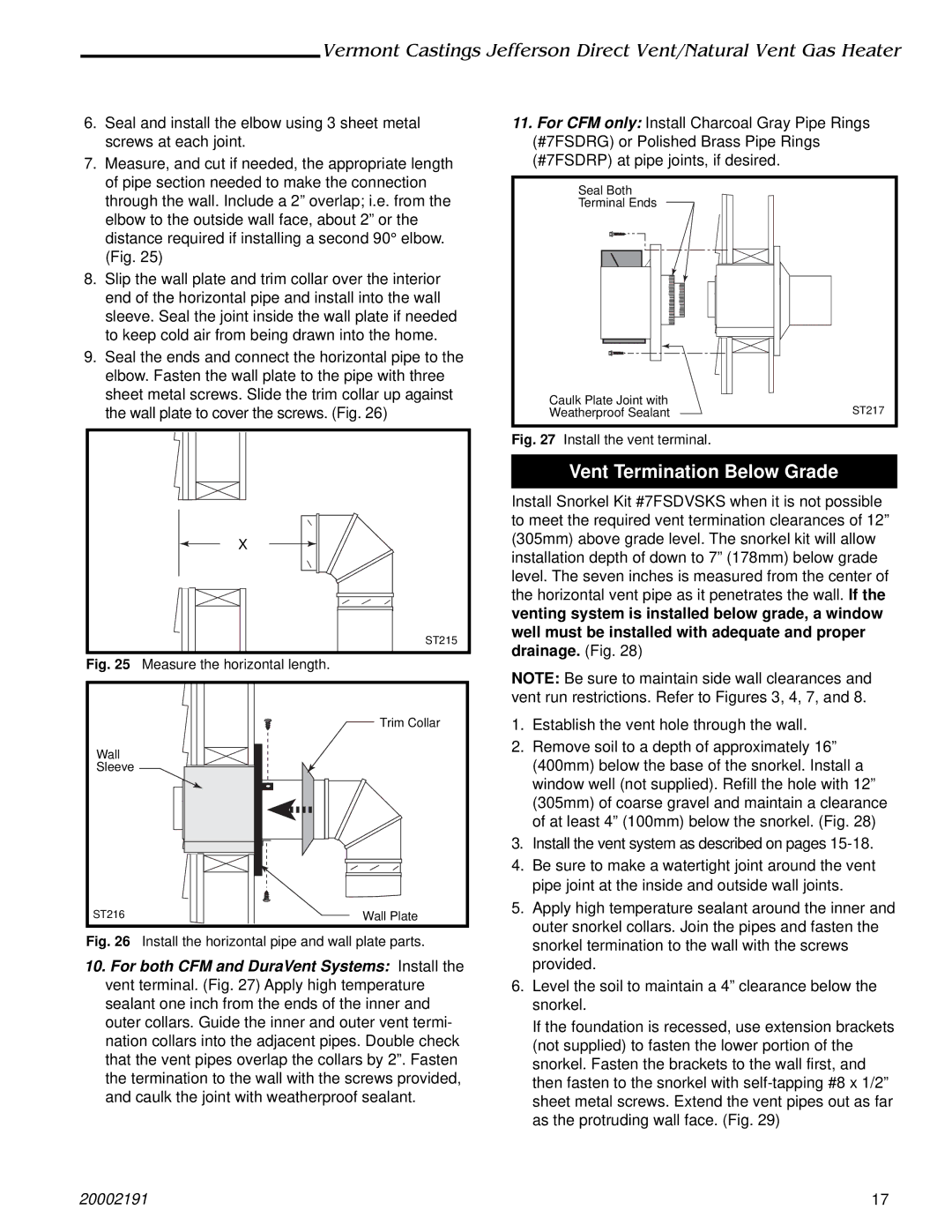 Vermont Casting 2822, 820, 2828, 2823, 2825, 2827 operation manual Vent Termination Below Grade, Measure the horizontal length 