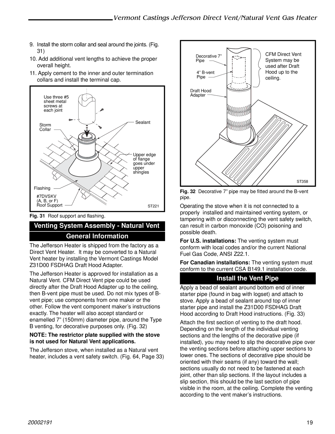 Vermont Casting 2828, 820, 2823, 2825, 2827 Venting System Assembly Natural Vent General Information, Install the Vent Pipe 