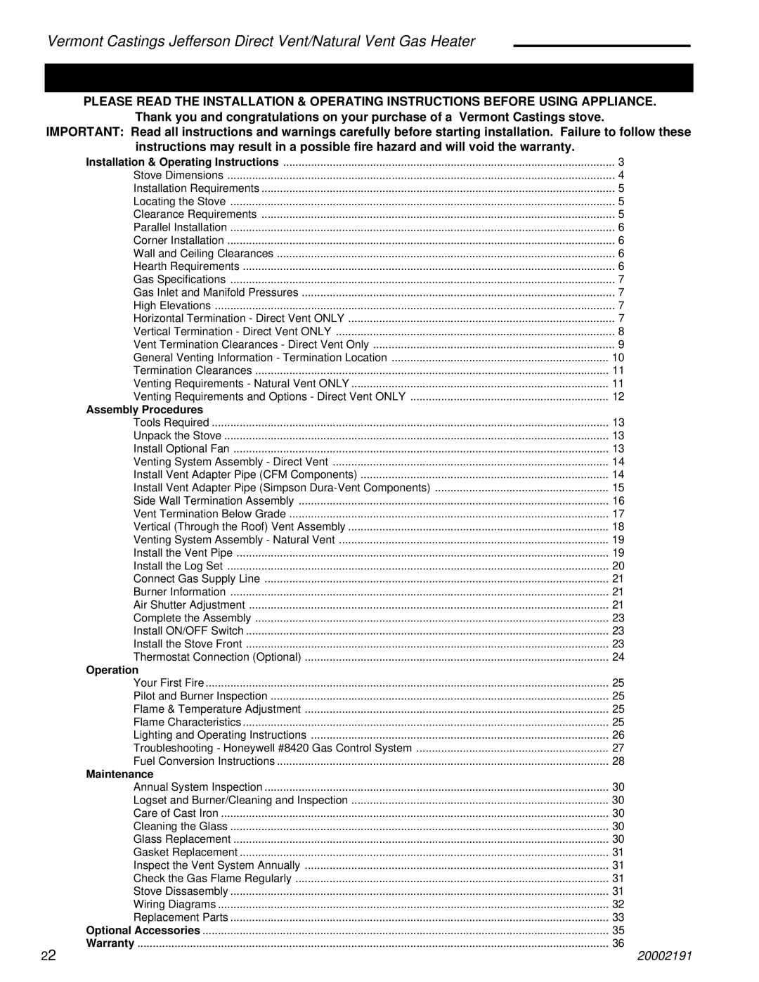 Vermont Casting 2823, 820, 2828, 2825, 2827, 2822 operation manual Table Of Contents 