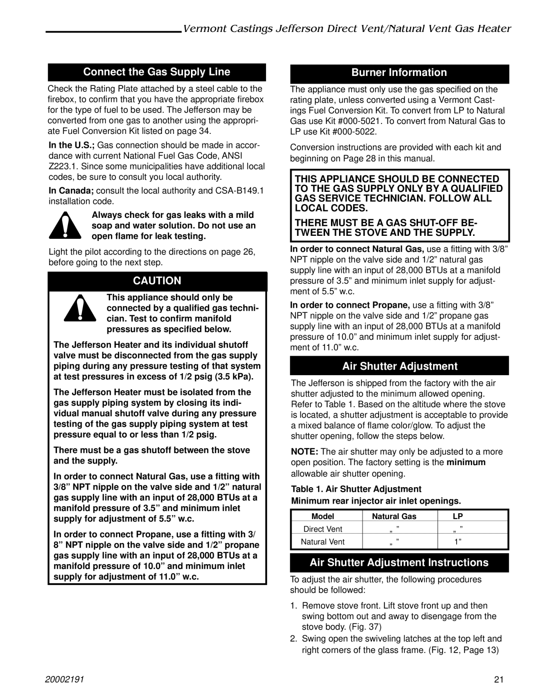 Vermont Casting 2825, 820, 2828, 2823, 2827, 2822 Connect the Gas Supply Line, Burner Information, Air Shutter Adjustment 