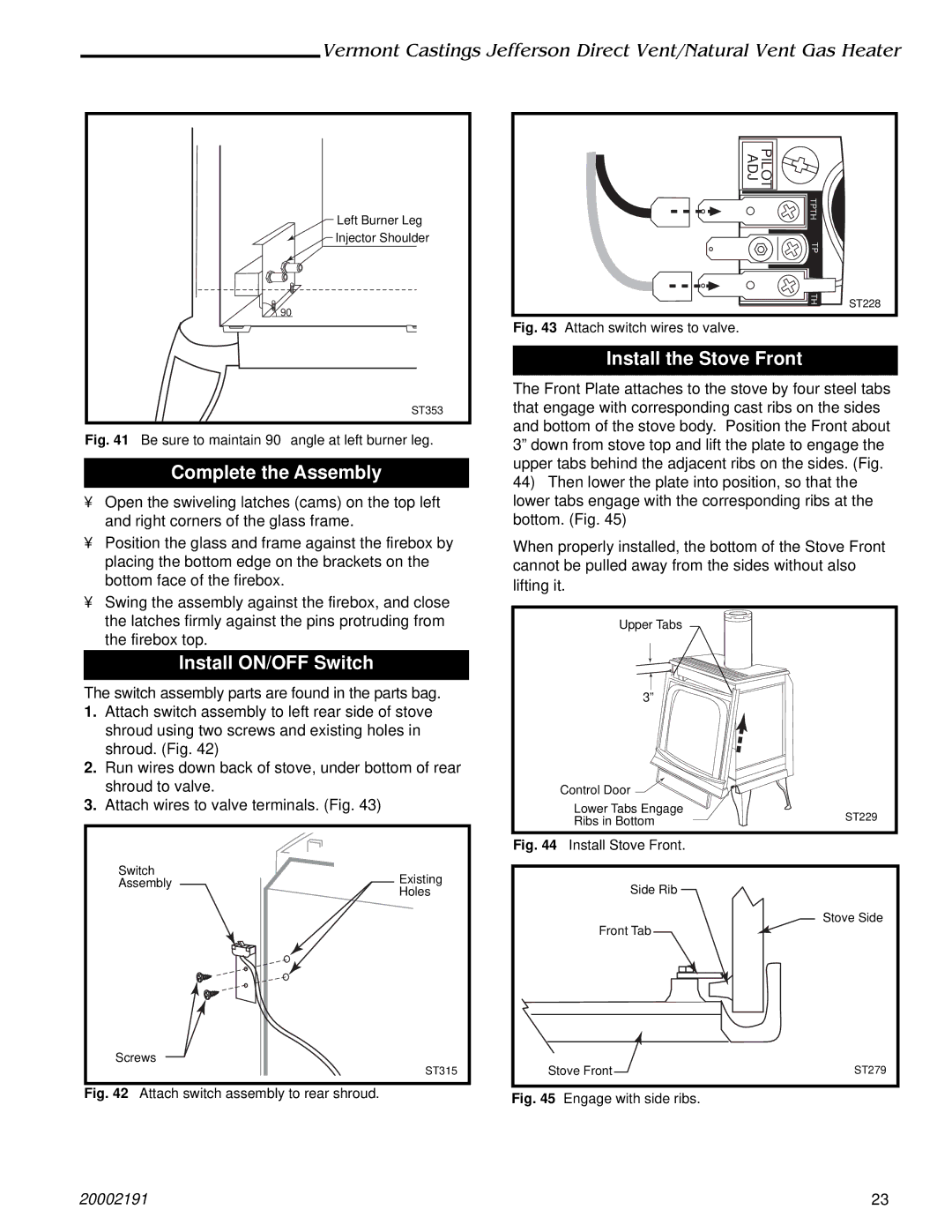 Vermont Casting 2822, 820, 2828, 2823, 2825, 2827 Install the Stove Front, Complete the Assembly, Install ON/OFF Switch 