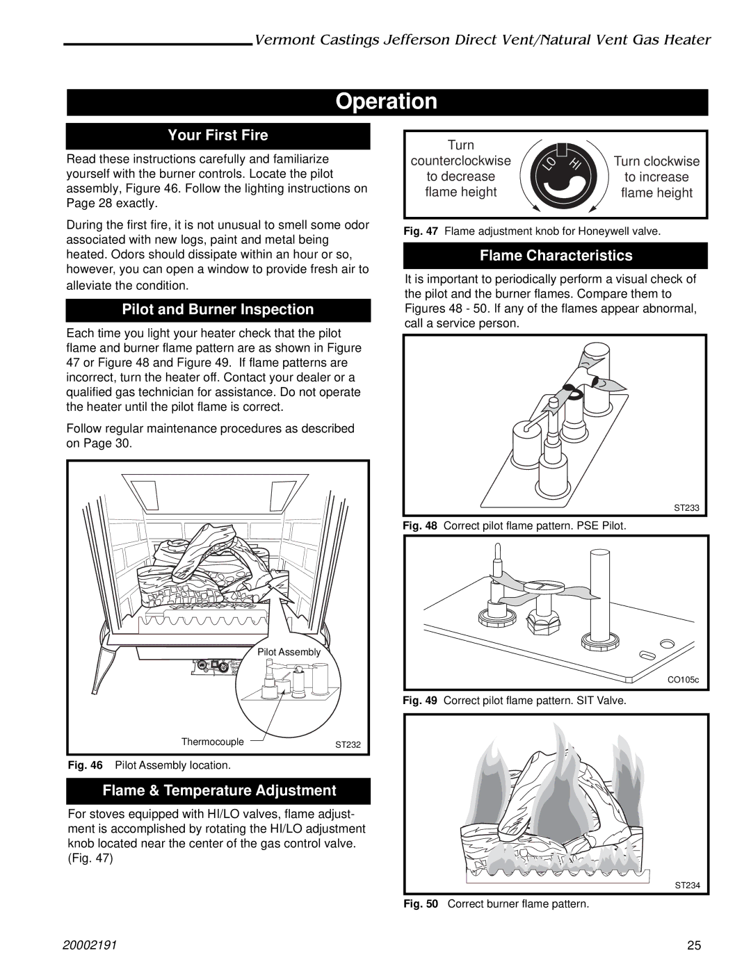 Vermont Casting 2828, 820, 2823 Operation, Your First Fire, Pilot and Burner Inspection, Flame & Temperature Adjustment 