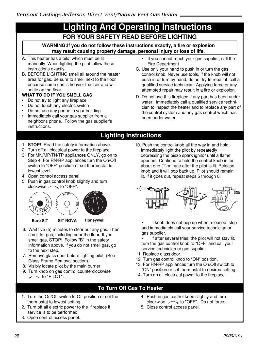 Vermont Casting 2823, 820, 2828, 2825, 2827, 2822 Lighting And Operating Instructions, To Turn Off Gas To Heater 