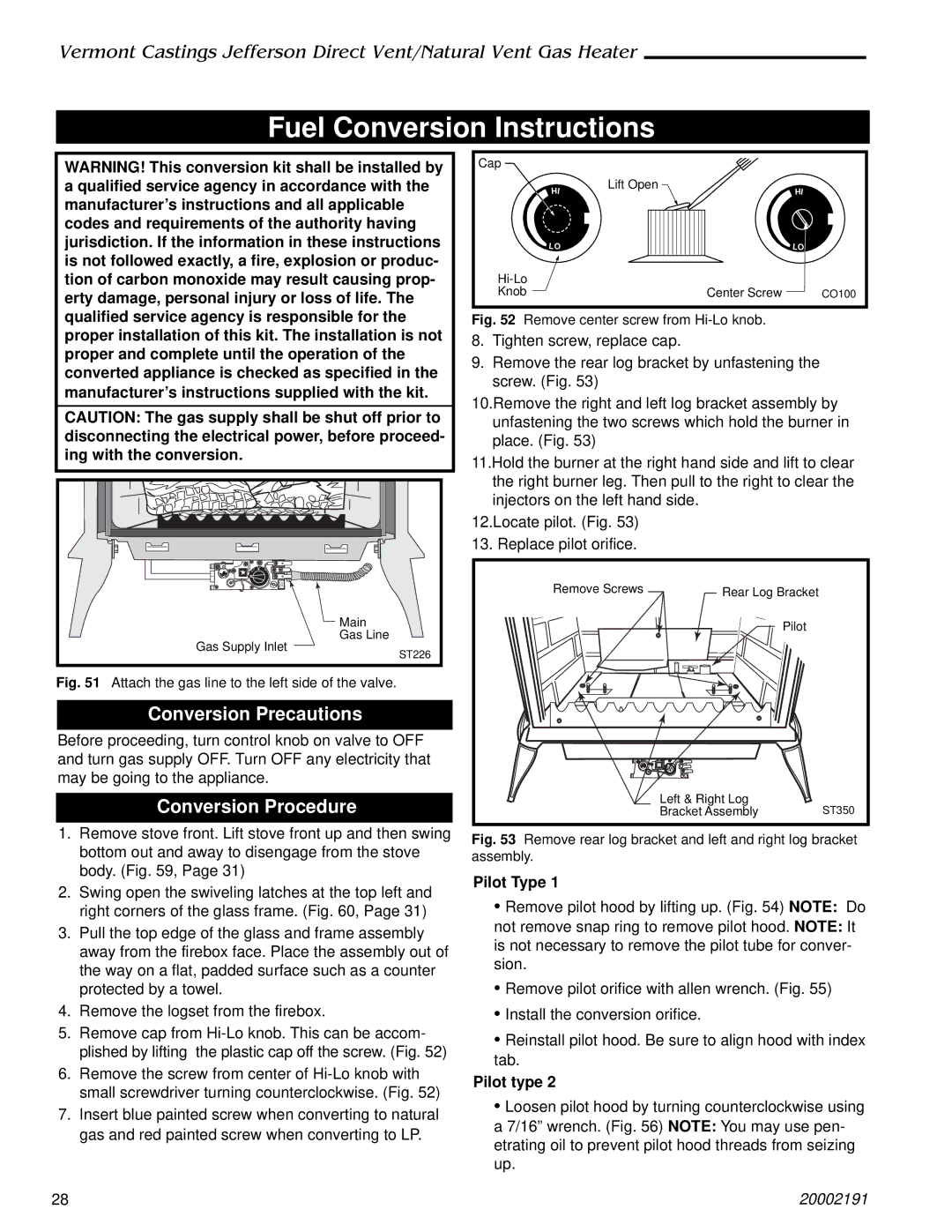 Vermont Casting 2827, 820, 2828, 2823 Fuel Conversion Instructions, Conversion Precautions, Conversion Procedure, Pilot Type 