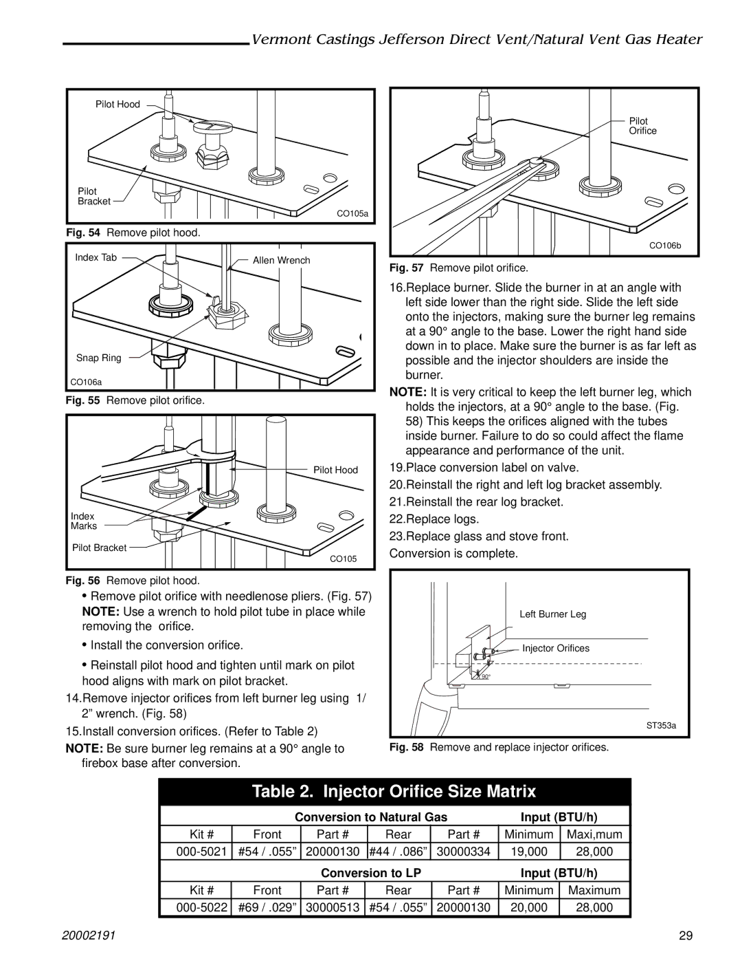 Vermont Casting 2822, 820, 2828, 2823, 2825, 2827 Conversion to Natural Gas Input BTU/h, Conversion to LP Input BTU/h 