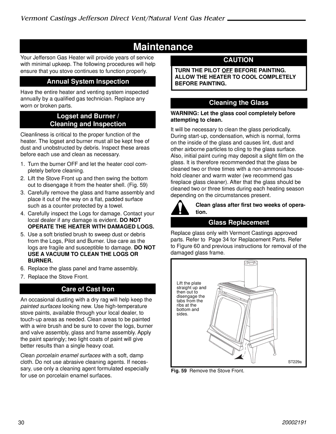 Vermont Casting 820, 2828, 2823, 2825, 2827, 2822 operation manual Maintenance 