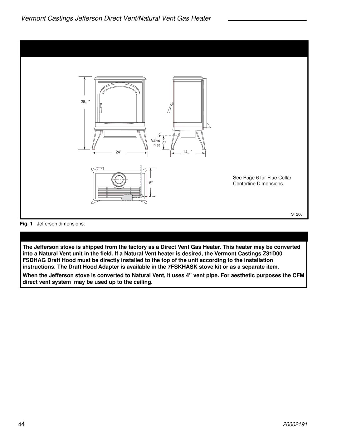 Vermont Casting 2827, 820, 2828, 2823, 2825, 2822 Jefferson Direct Vent/ Natural Vent Stove Dimensions, Jefferson dimensions 