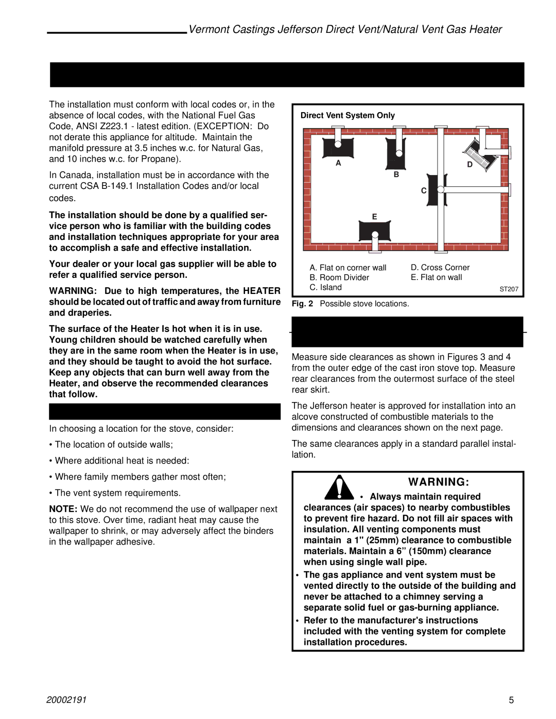 Vermont Casting 2822, 820, 2828, 2823, 2825, 2827 Installation Requirements, Locating the Stove, Clearance Requirements 