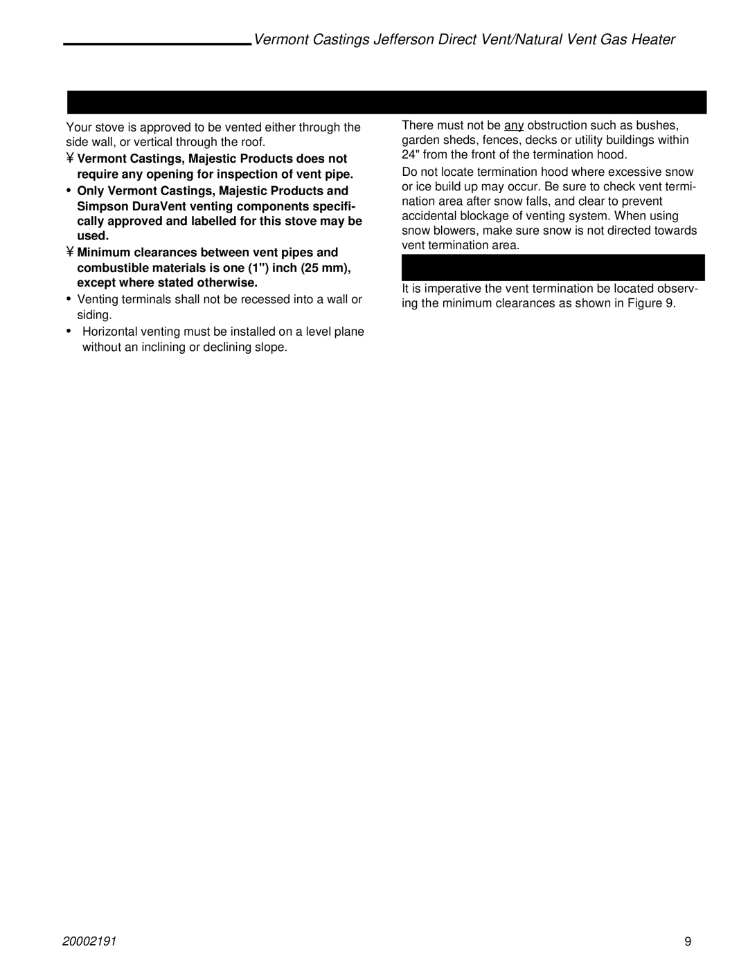 Vermont Casting 2825, 820, 2828, 2823, 2827, 2822 Vent Termination Clearances Direct Vent only, Location of Vent Termination 