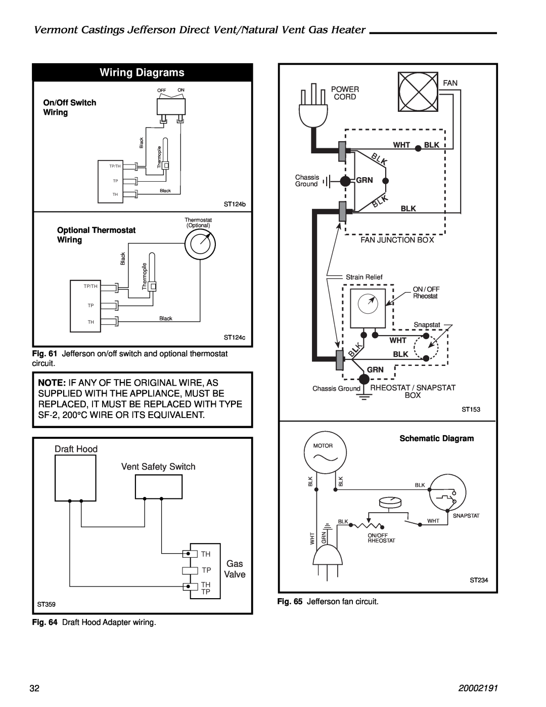 Vermont Casting 2823 Wiring Diagrams, Draft Hood Vent Safety Switch, Valve, 20002191, Schematic Diagram, Fan Power Cord 