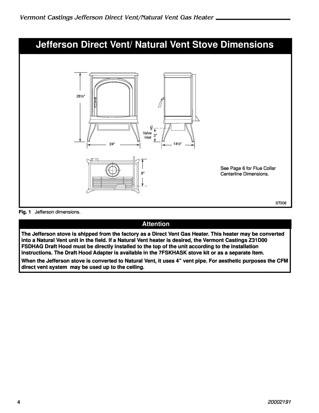 Vermont Casting 2827, 820, 2828 20002191, See Page 6 for Flue Collar Centerline Dimensions, Jefferson dimensions, ST206 
