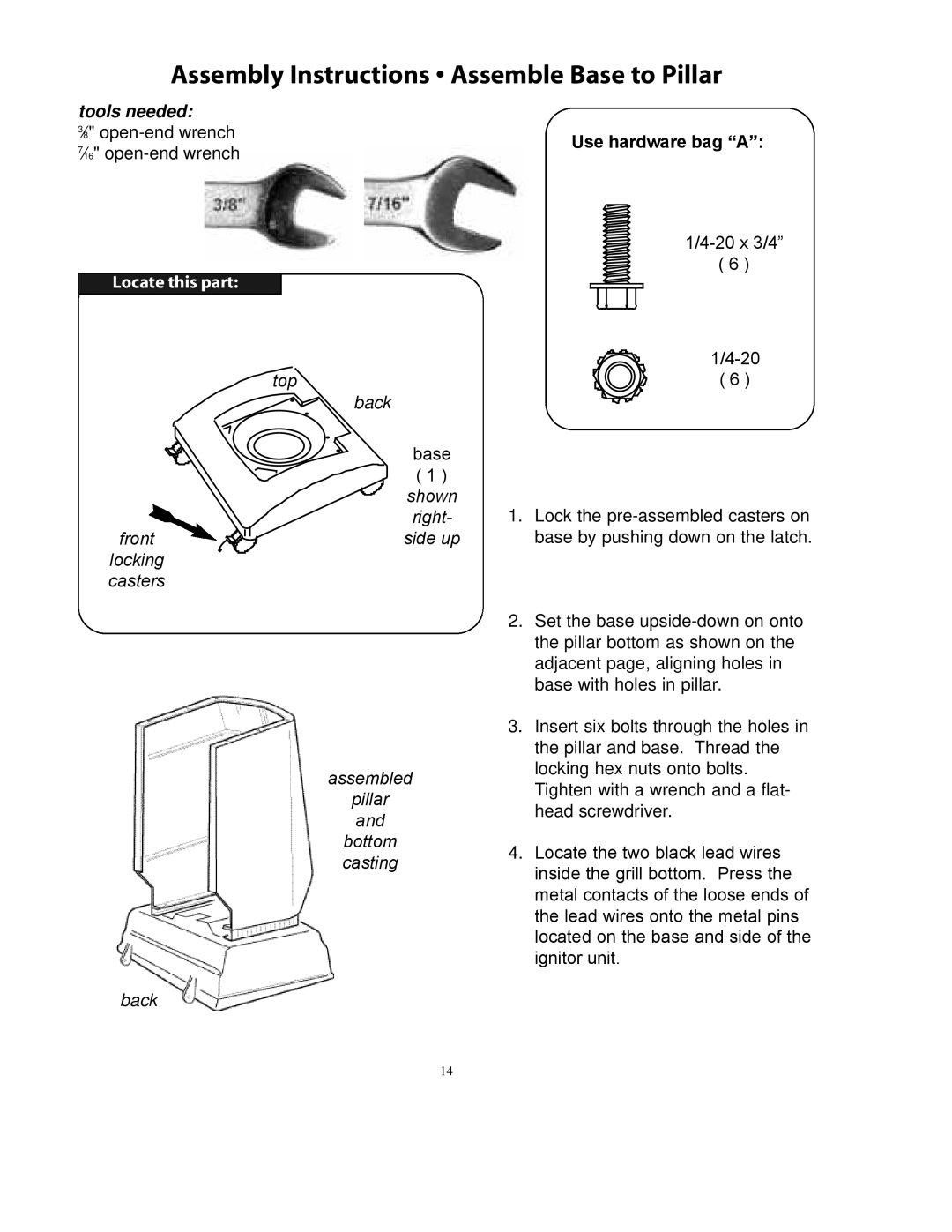 Vermont Casting A052041 owner manual Assembly Instructions Assemble Base to Pillar, Use hardware bag a 