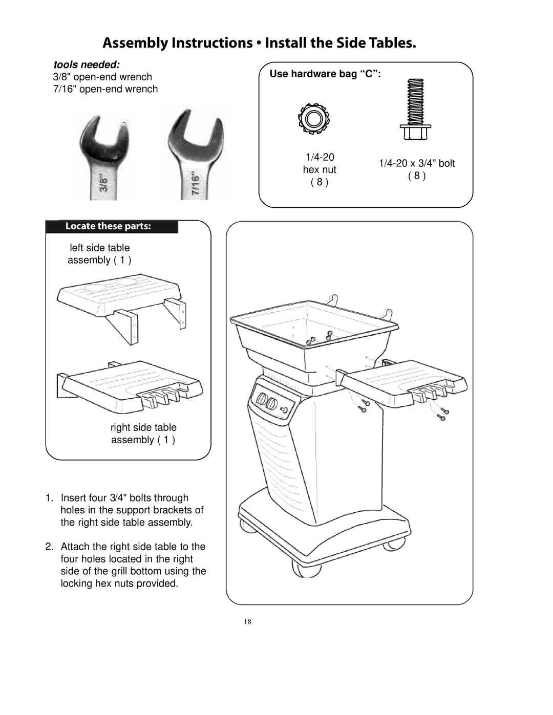 Vermont Casting A052041 owner manual Assembly Instructions Install the Side Tables 