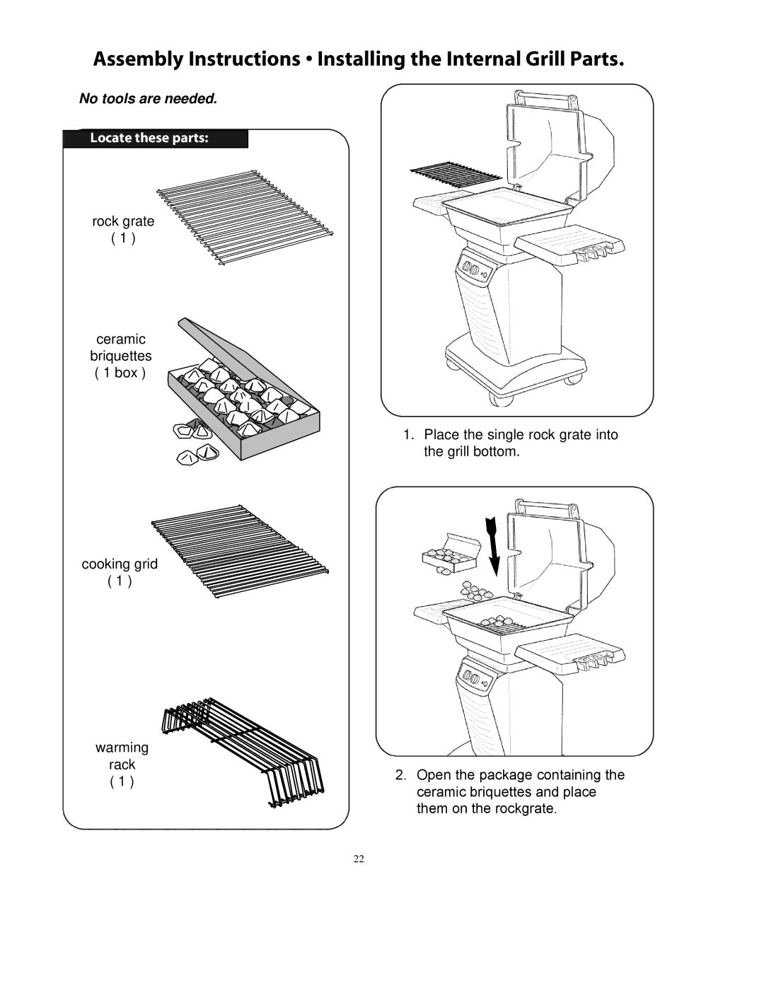 Vermont Casting A052041 owner manual Assembly Instructions Installing the Internal Grill Parts, No tools are needed 