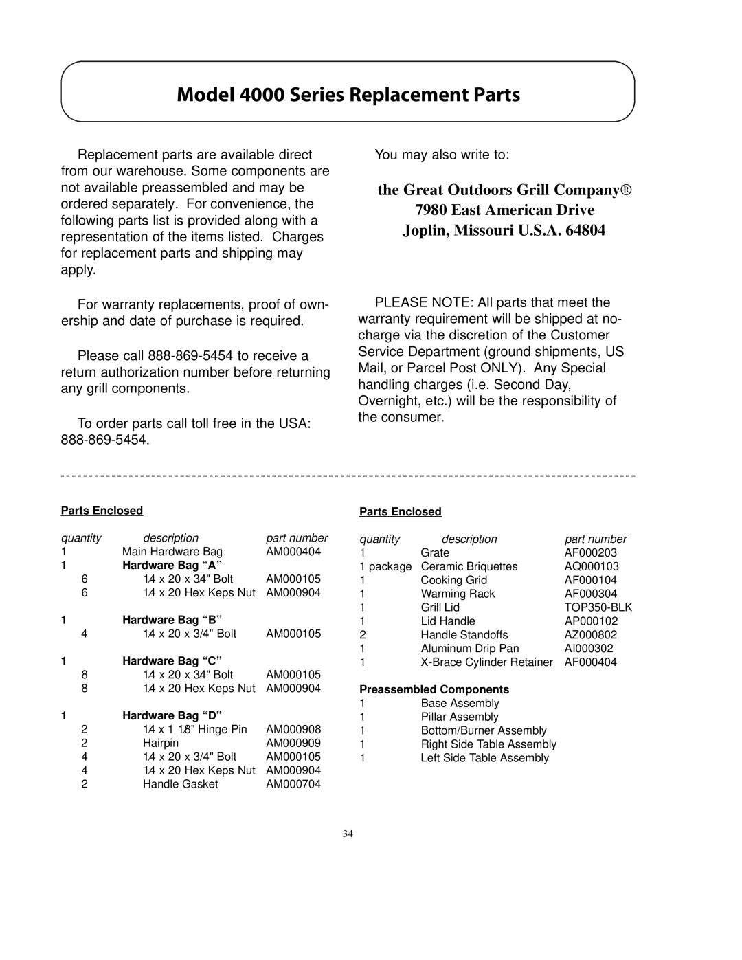 Vermont Casting A052041 owner manual Model 4000 Series Replacement Parts, Hardware Bag a 