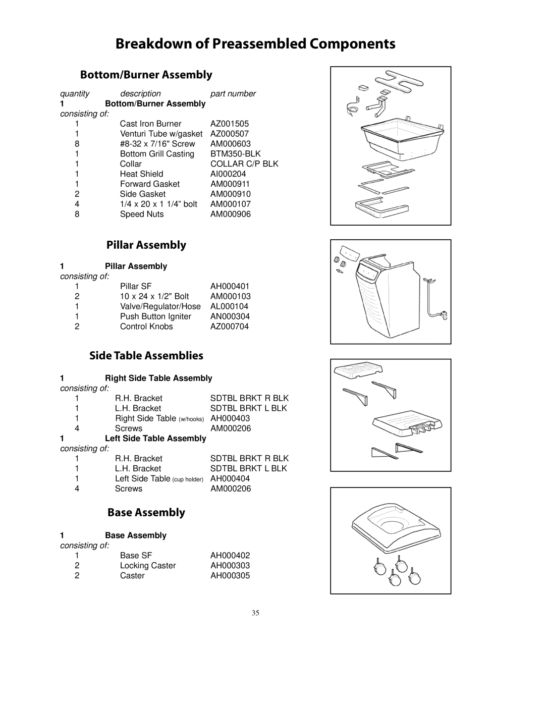 Vermont Casting A052041 owner manual Breakdown of Preassembled Components, Bottom/Burner Assembly 