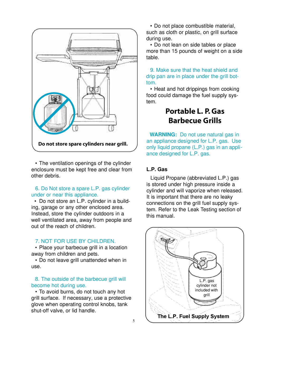 Vermont Casting A052041 owner manual Portable L. P. Gas Barbecue Grills, Do not store spare cylinders near grill 