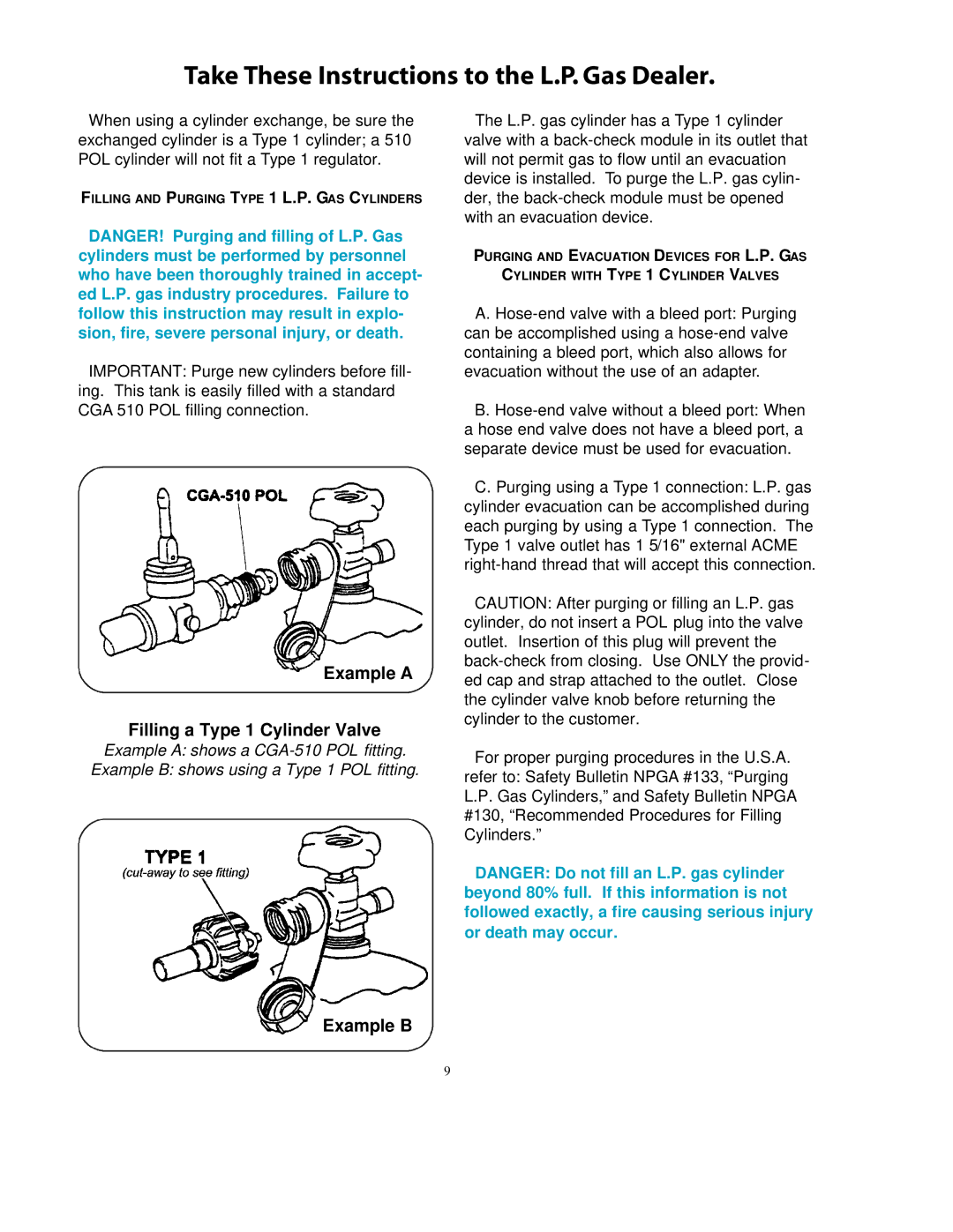 Vermont Casting A052041 Take These Instructions to the L.P. Gas Dealer, Example a Filling a Type 1 Cylinder Valve 