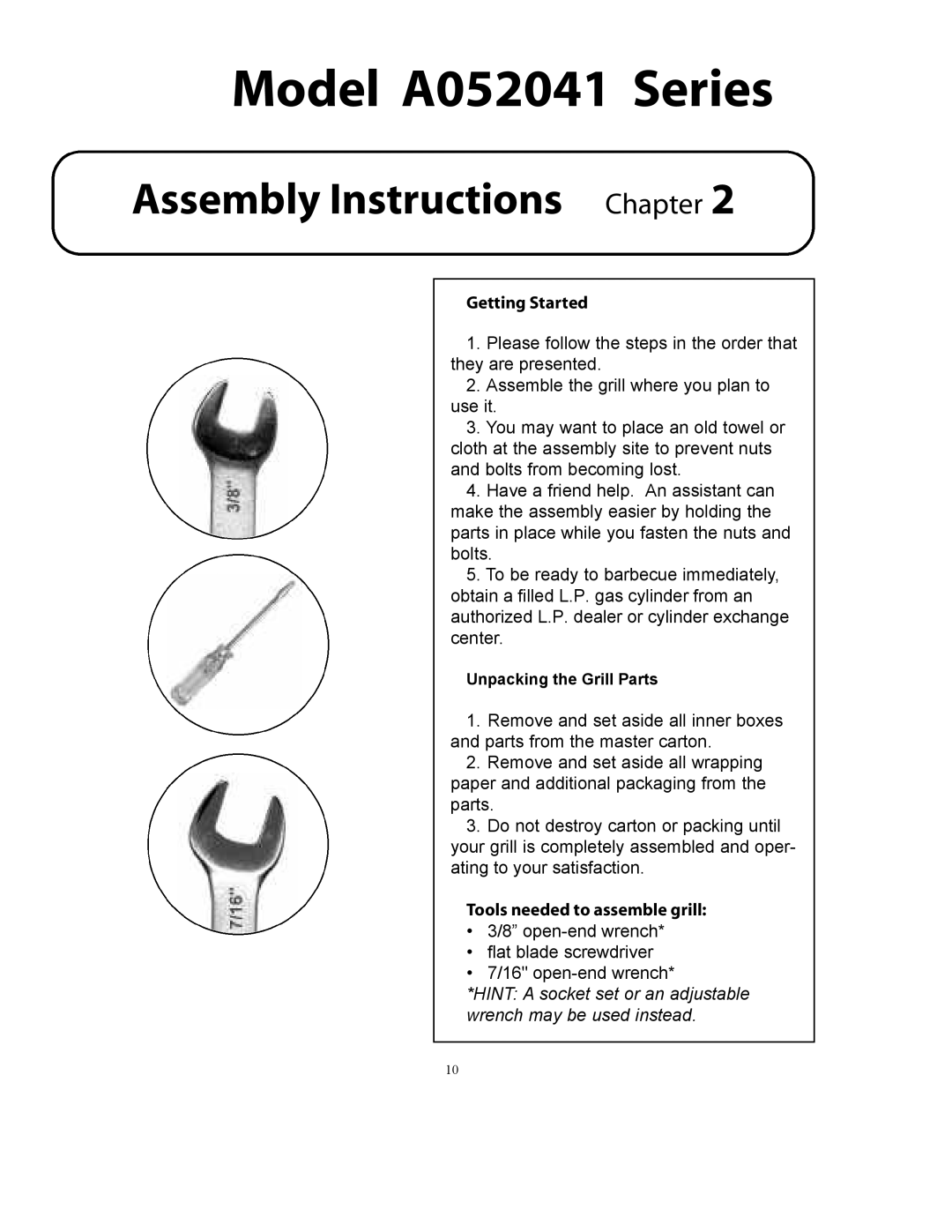 Vermont Casting A052041 owner manual Getting Started, Tools needed to assemble grill 