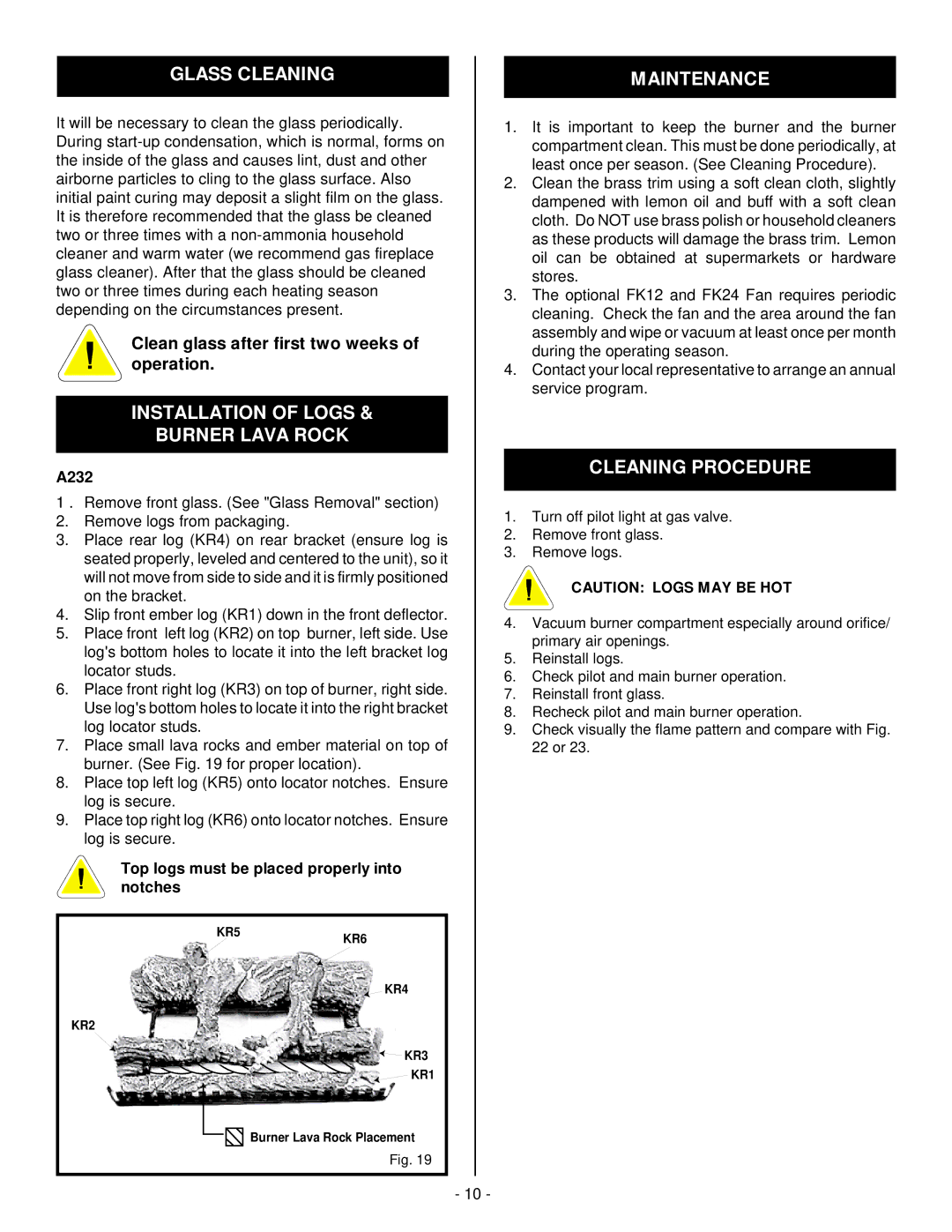 Vermont Casting A232 Glass Cleaning, Installation of Logs Burner Lava Rock, Maintenance, Cleaning Procedure 