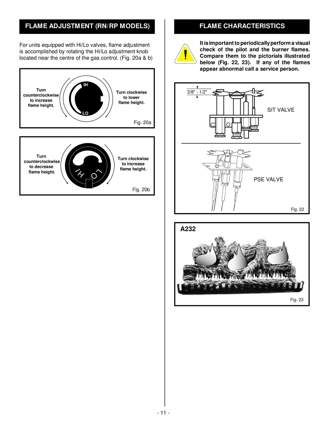 Vermont Casting A232 installation instructions Flame Adjustment RN/RP Models, Flame Characteristics 