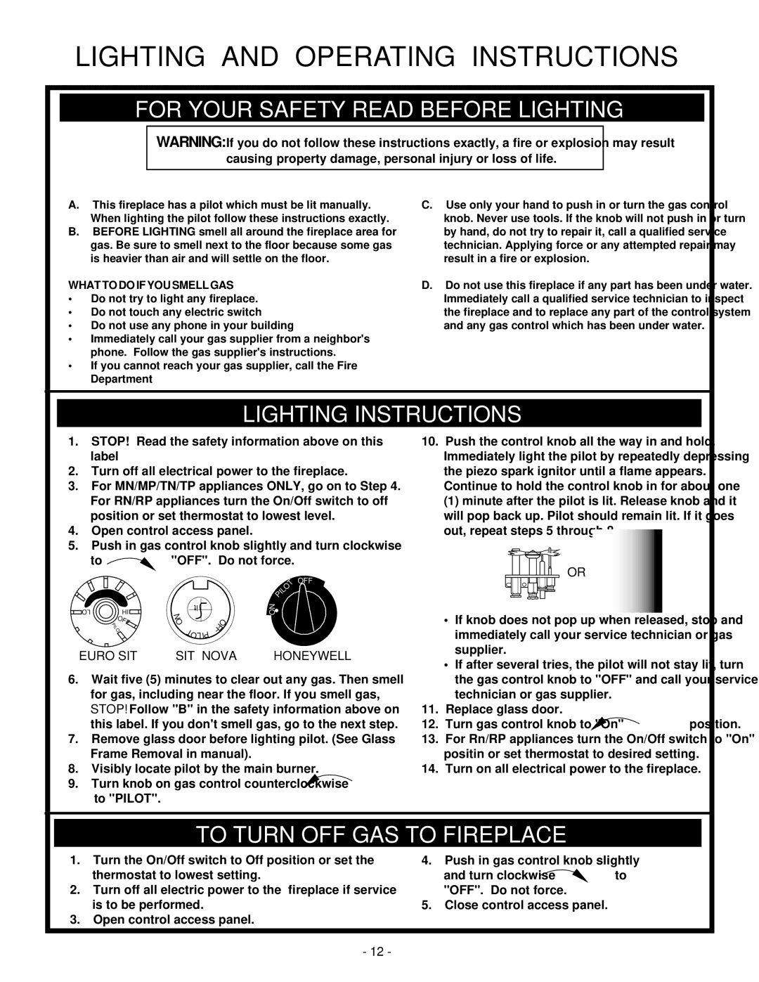 Vermont Casting A232 For Your Safety Read Before Lighting, Lighting Instructions, To Turn OFF GAS to Fireplace 