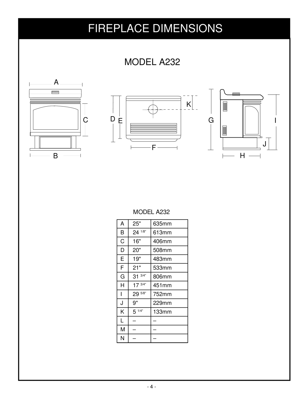 Vermont Casting A232 installation instructions Fireplace Dimensions 