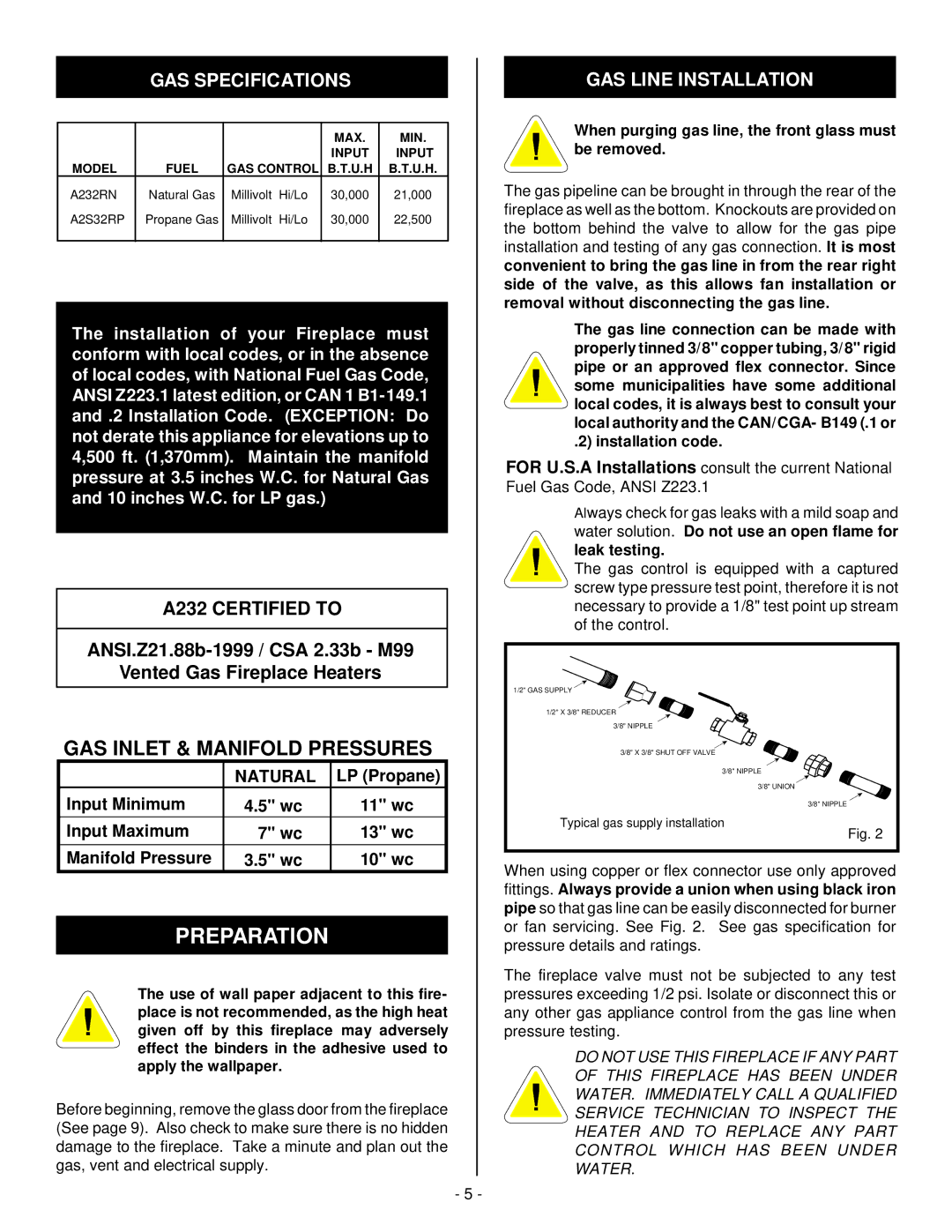 Vermont Casting A232 installation instructions GAS Specifications, GAS Line Installation 