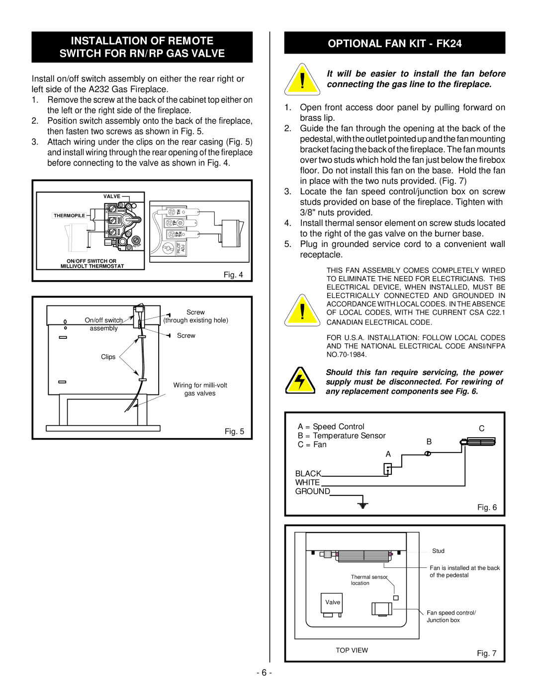 Vermont Casting A232 installation instructions Installation of Remote Switch for RN/RP GAS Valve, Optional FAN KIT FK24 