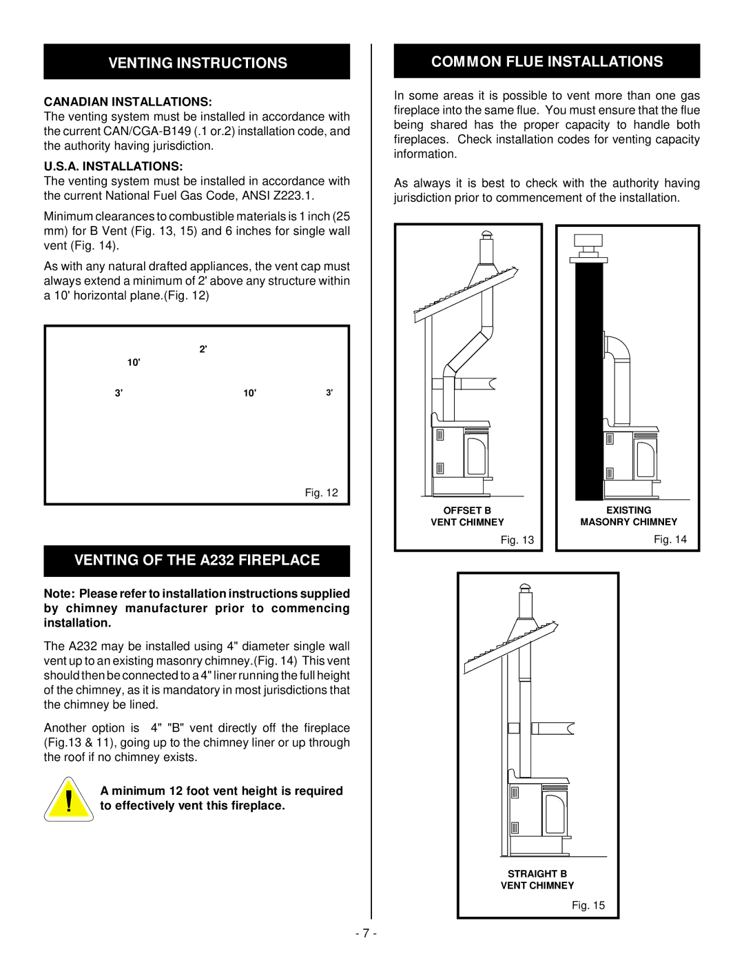 Vermont Casting installation instructions Venting Instructions, Venting of the A232 Fireplace, Common Flue Installations 