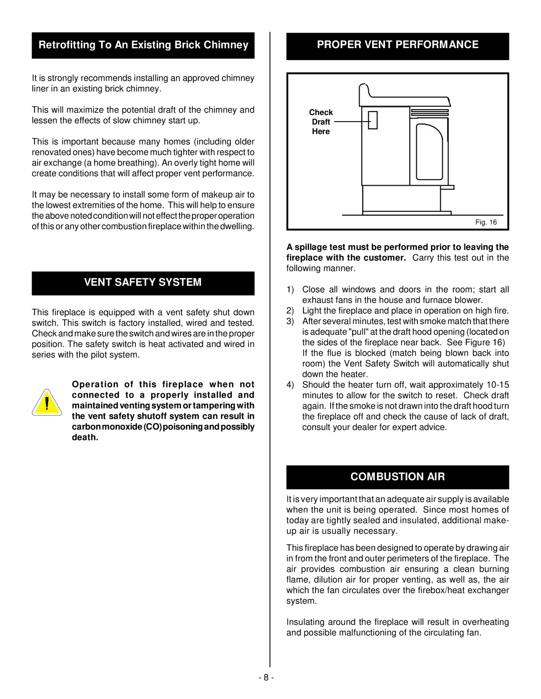 Vermont Casting A232 installation instructions Vent Safety System, Proper Vent Performance, Combustion AIR 