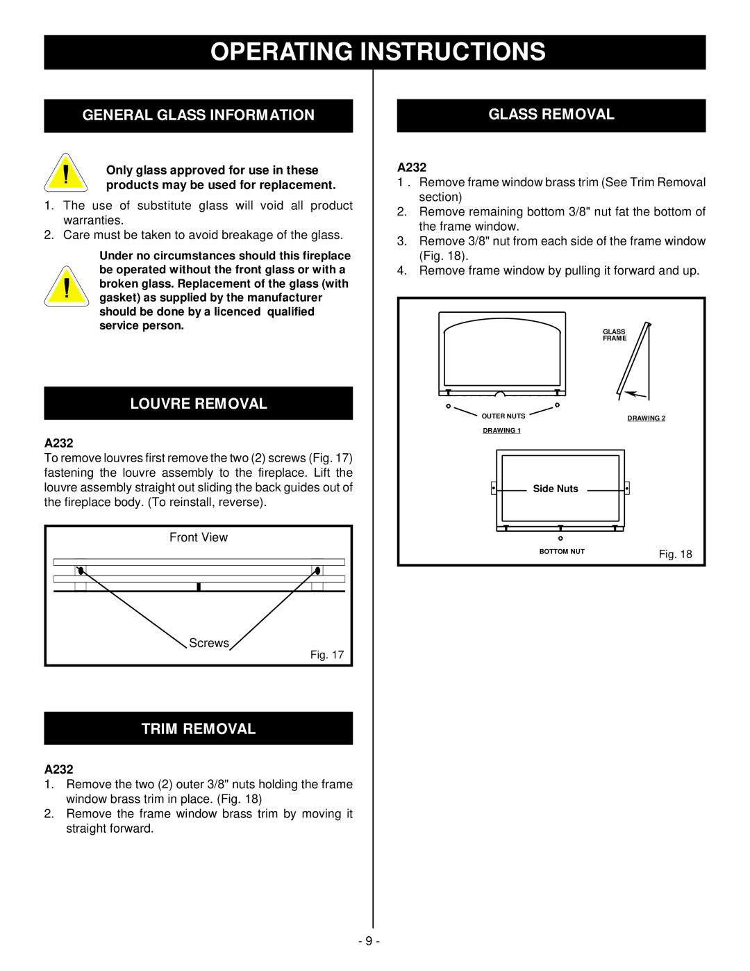 Vermont Casting A232 installation instructions General Glass Information, Louvre Removal, Trim Removal, Glass Removal 