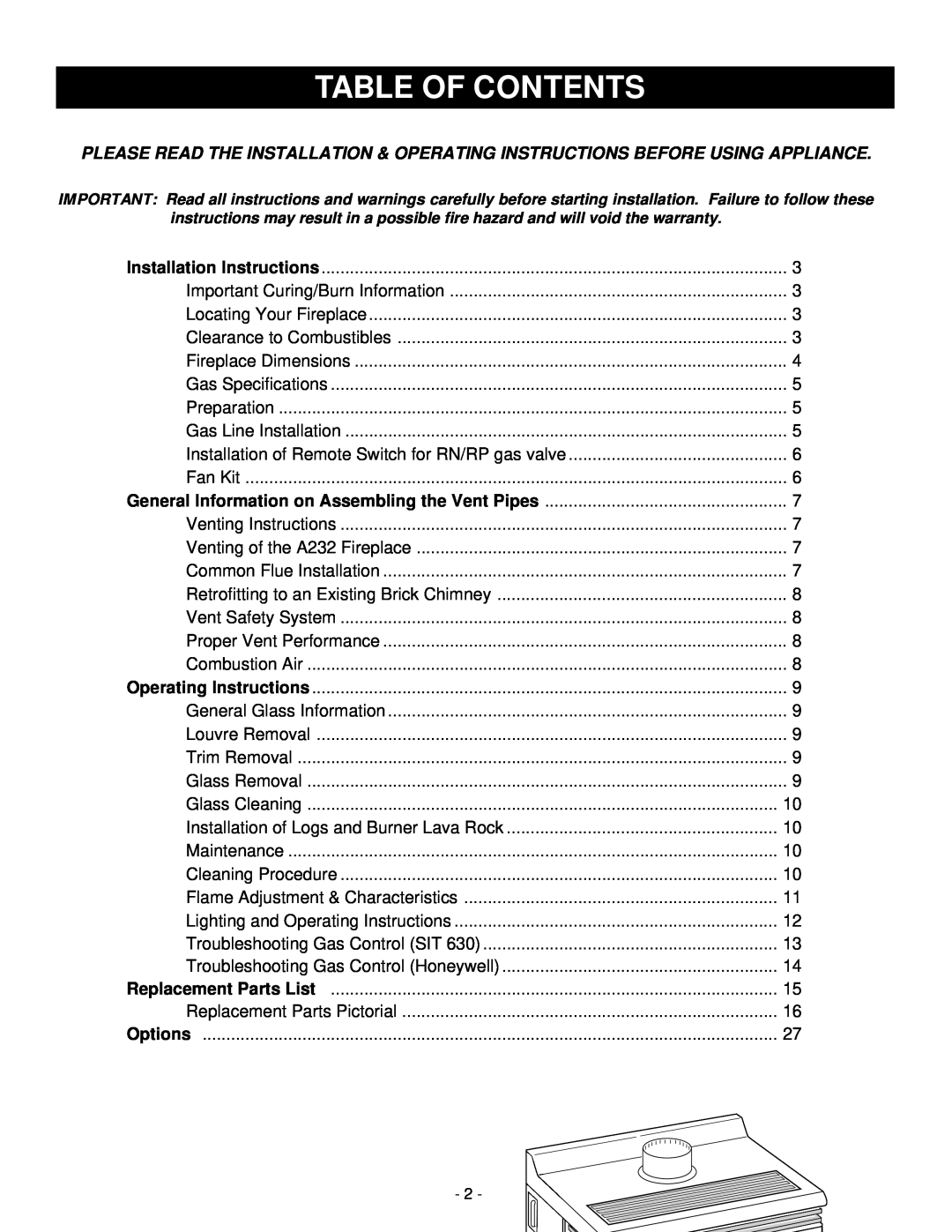 Vermont Casting A232 installation instructions Table Of Contents 