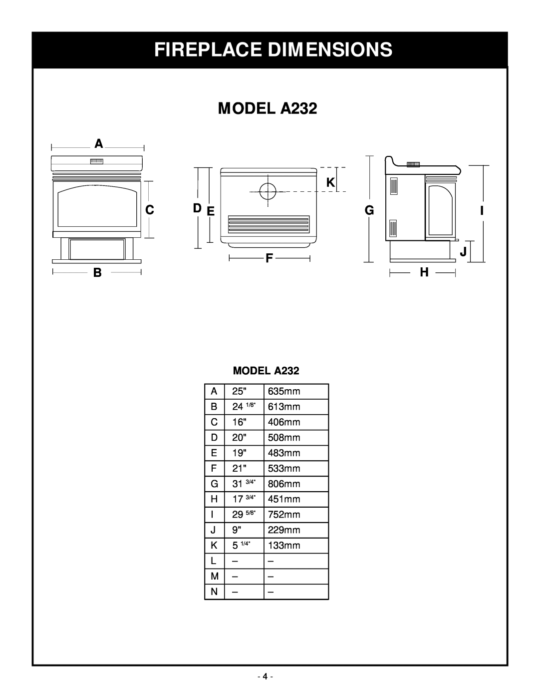 Vermont Casting installation instructions MODEL A232, A K C D Eg F B, I J H, Fireplace Dimensions 