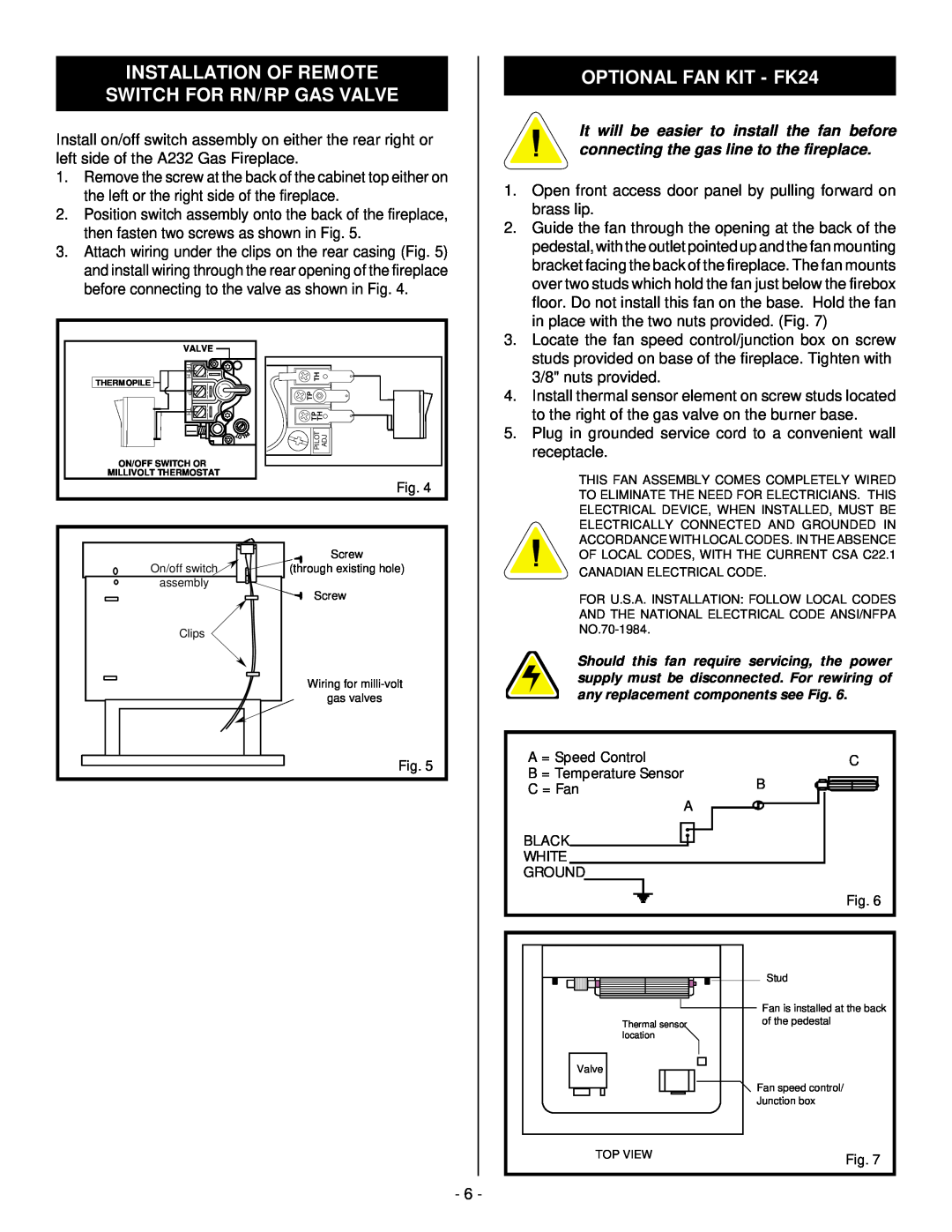 Vermont Casting A232 installation instructions Installation Of Remote Switch For Rn/Rp Gas Valve, OPTIONAL FAN KIT - FK24 