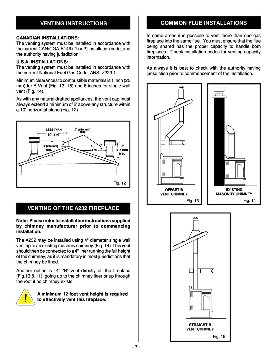 Vermont Casting Venting Instructions, VENTING OF THE A232 FIREPLACE, Common Flue Installations, Canadian Installations 