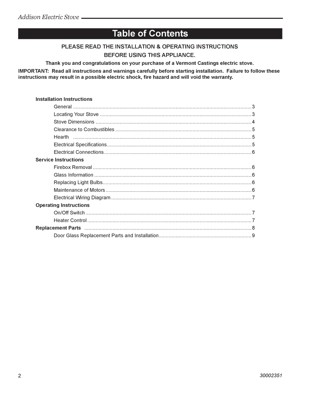 Vermont Casting ACSB ACSM installation instructions Table of Contents 