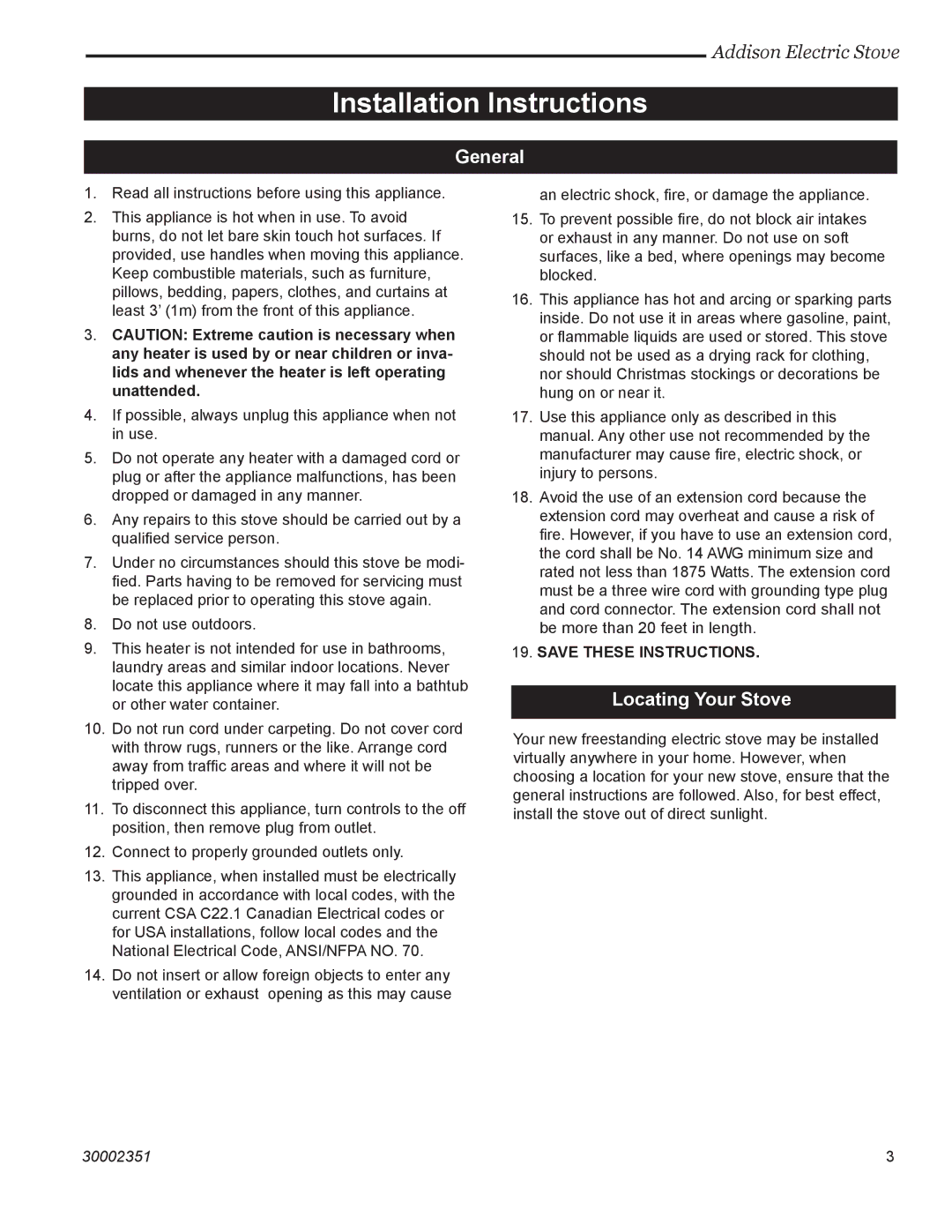 Vermont Casting ACSB ACSM installation instructions Installation Instructions, General, Locating Your Stove 