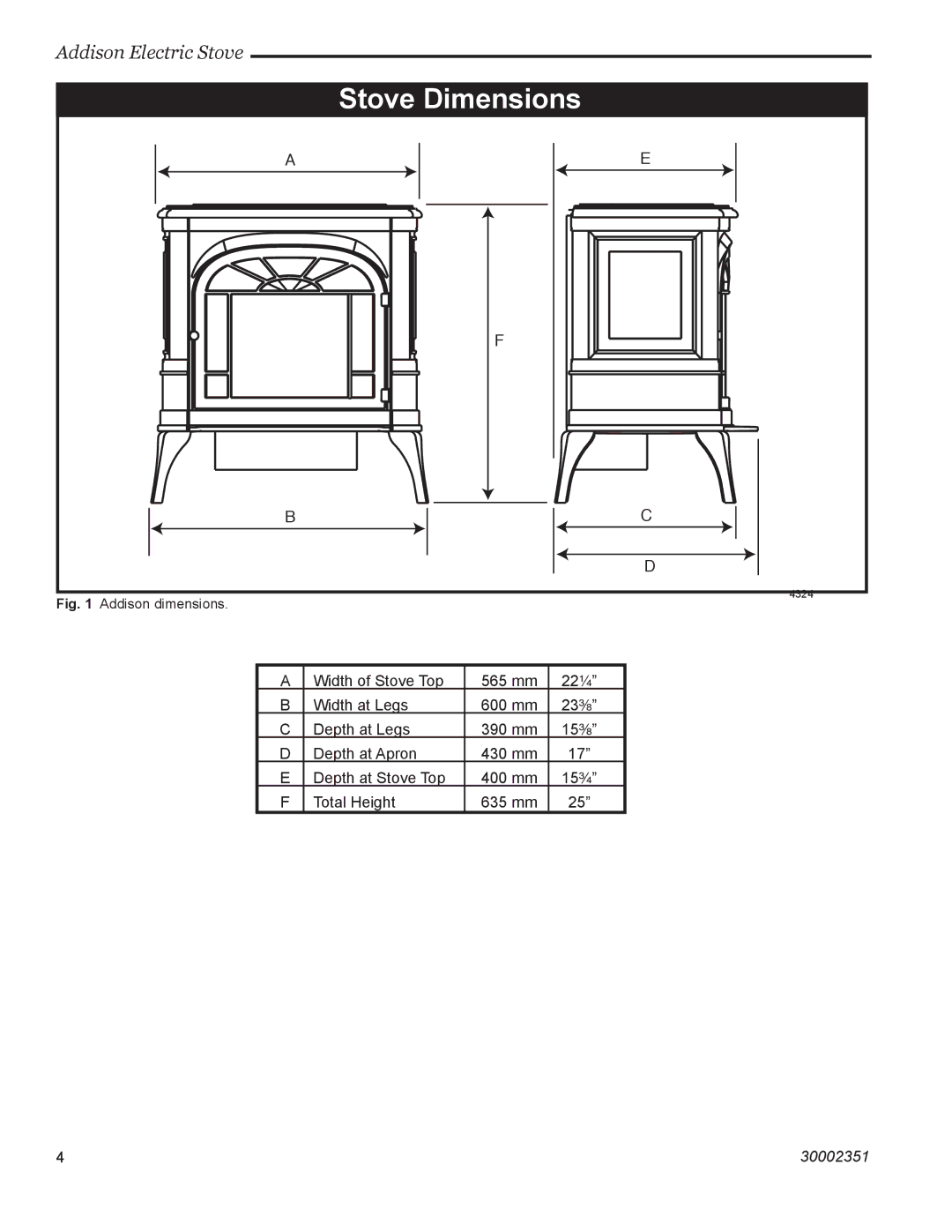 Vermont Casting ACSB ACSM installation instructions Stove Dimensions, Addison dimensions 