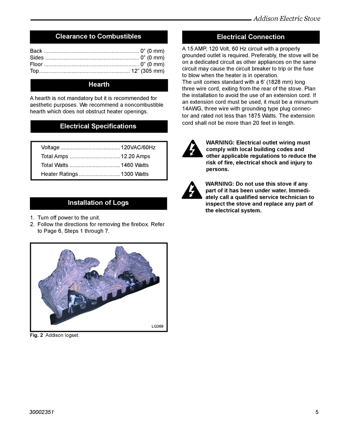 Vermont Casting ACSB ACSM Clearance to Combustibles, Hearth, Electrical Speciﬁcations, Installation of Logs 