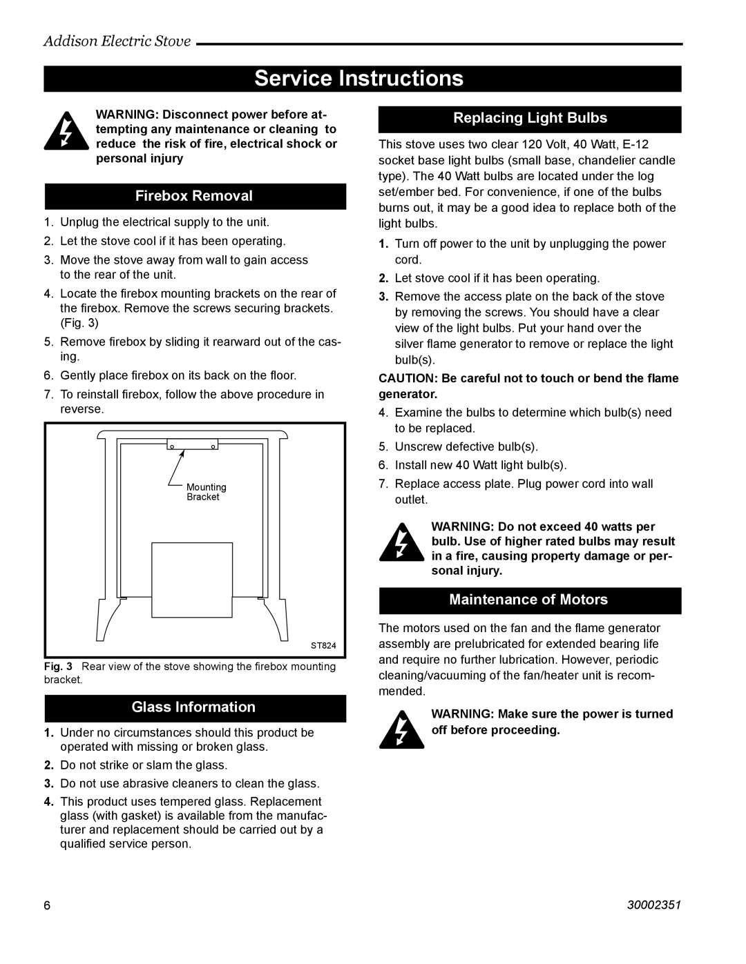 Vermont Casting ACSB ACSM Service Instructions, Firebox Removal, Glass Information, Replacing Light Bulbs 