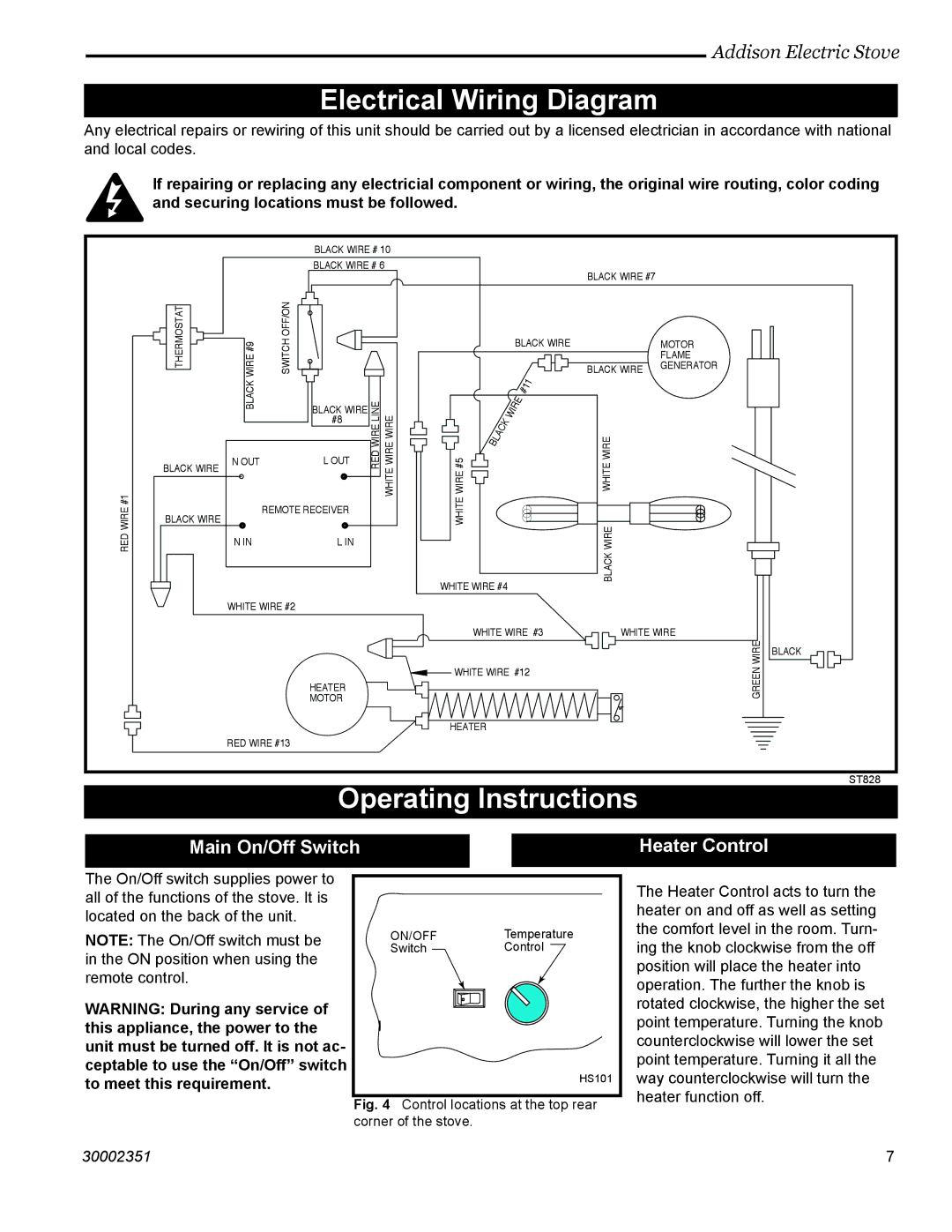 Vermont Casting ACSB ACSM Electrical Wiring Diagram, Operating Instructions, Main On/Off Switch Heater Control 