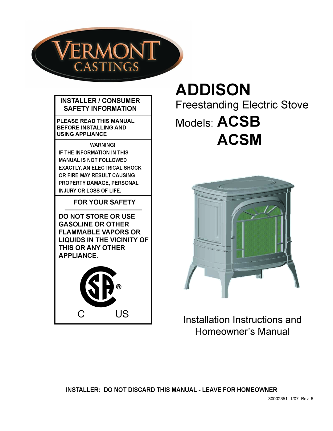 Vermont Casting ACSB ACSM installation instructions Addison, Acsm, Freestanding Electric Stove Models ACSB, C Us 