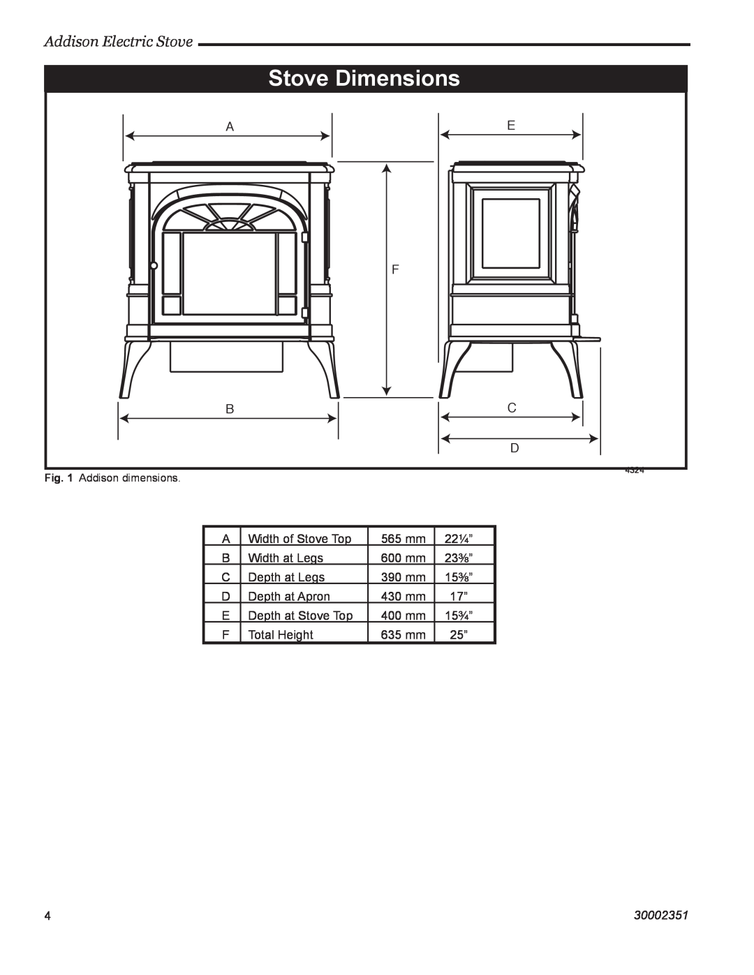 Vermont Casting ACSB ACSM installation instructions Stove Dimensions, Addison Electric Stove, 30002351 