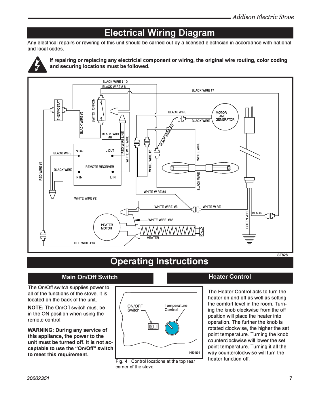 Vermont Casting ACSB ACSM Electrical Wiring Diagram, Operating Instructions, Main On/Off Switch, Heater Control, 30002351 