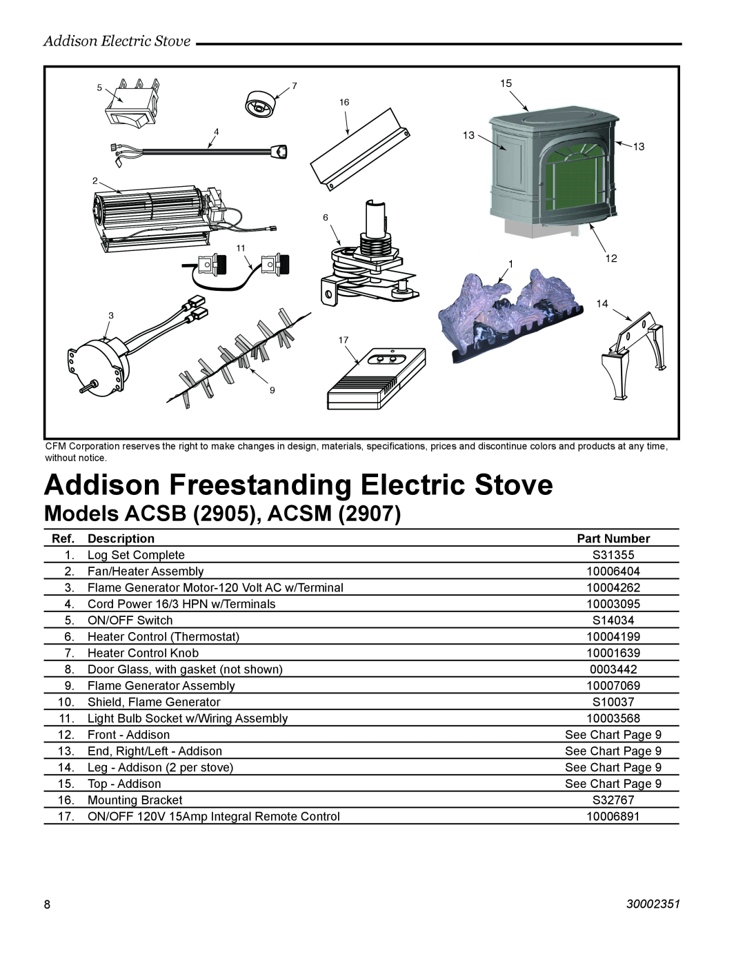 Vermont Casting ACSB ACSM Models ACSB 2905, ACSM, Addison Freestanding Electric Stove, Addison Electric Stove, 30002351 