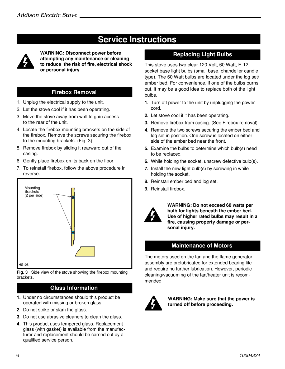 Vermont Casting ACSB Service Instructions, Firebox Removal, Glass Information, Replacing Light Bulbs 